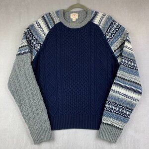 Brooks Brothers Men Sweater XL Blue Fair Isle Crewneck Wool Fisherman Cable Knit